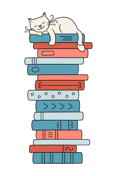 Bir yığın kitap ve uyuyan bir kedi. Kitapların üzerinde uyuyan sevimli kedicik. Vektör illüstrasyonu