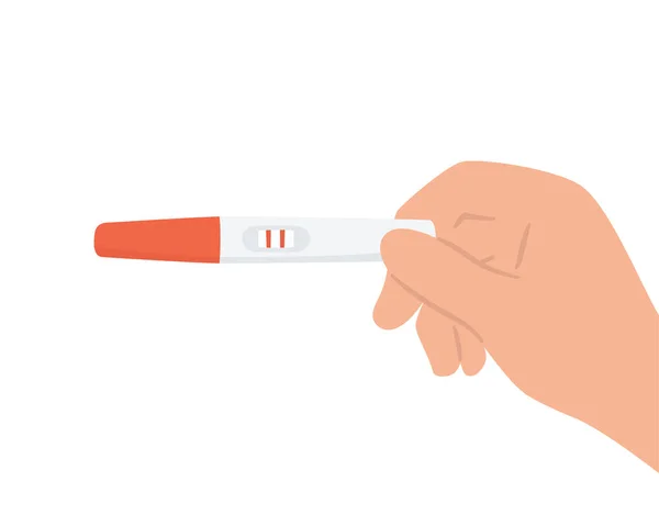 Prueba de embarazo con dos rayas rojas en la mano. Resultado positivo. Comprobando la prueba de embarazo. Ilustración vectorial plana — Archivo Imágenes Vectoriales
