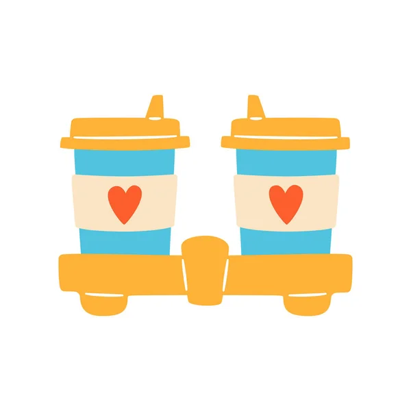 Two cups of coffee with hearts in holder. Vector illustration — Stock Vector