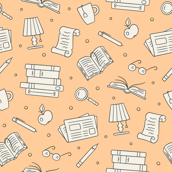 Padrão sem costura da biblioteca. Livros de papel, jornal, óculos, lupa em estilo doodle. —  Vetores de Stock