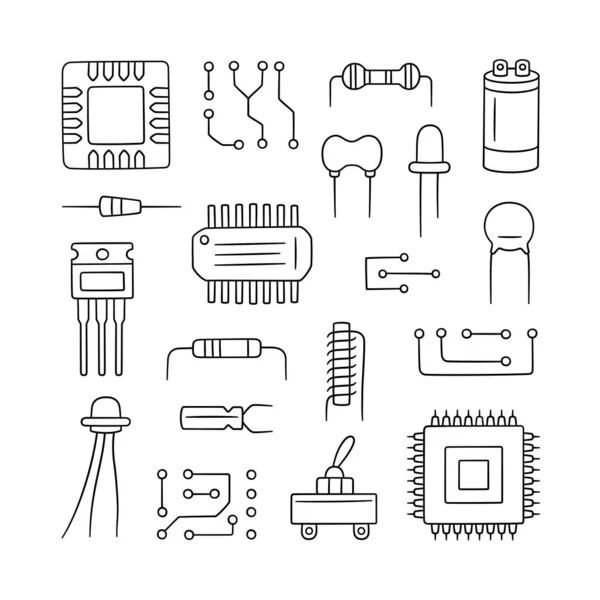 Componentes electrónicos de radio. Conjunto de microchip, diodo, condensador transistor, resistor. Piezas de ordenador. — Archivo Imágenes Vectoriales