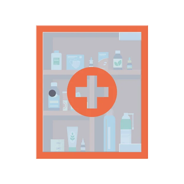 薬、薬、錠剤、ボトルでいっぱいの壁の薬箱。ガラス透明ドア付きの赤い医療キャビネット. — ストックベクタ