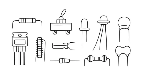 Elektrische Komponenten. Set aus Diode, Transistorkondensator, Widerstand, Spule — Stockvektor