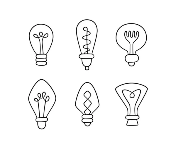 Handgezeichnete Glühbirnen. Sammlung von Loft-Lampen im Doodle-Stil. Isolierte Objekte — Stockvektor