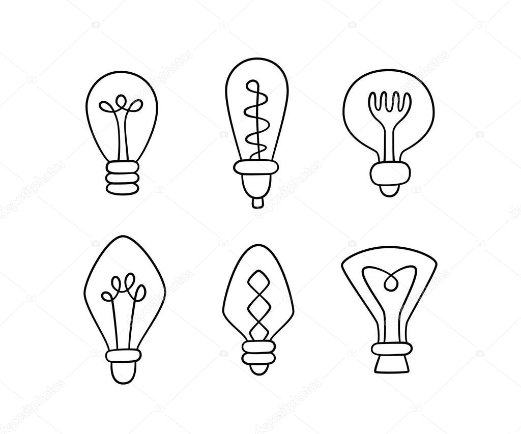 Hand drawn Light Bulbs. Collection of loft lamps in doodle style. Isolated objects