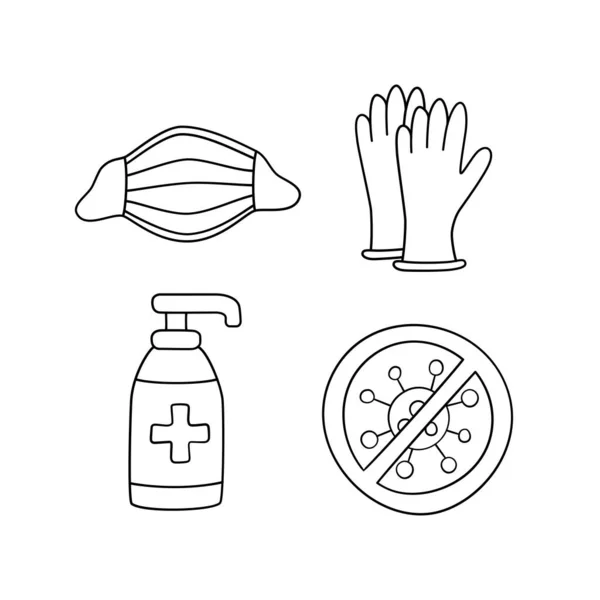 Maska medyczna, rękawiczki lateksowe i butelka dezynfekująca przeciwko koronawirusowi — Wektor stockowy