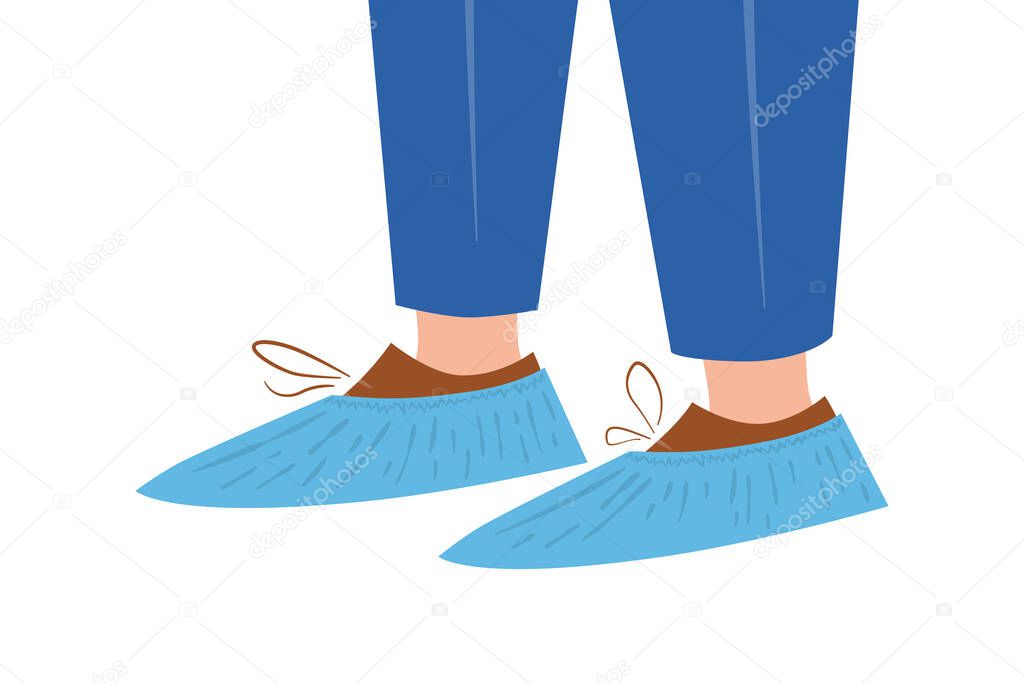 Feet in shoe covers. Protective medical covers. Vector illustration