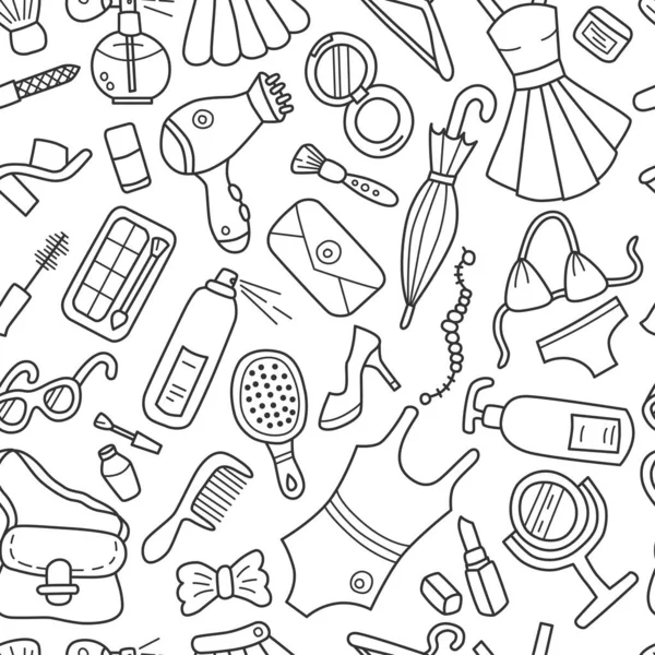 Kobiece rzeczy, kosmetyki i odzież bezproblemowy wzór w stylu doodle — Wektor stockowy