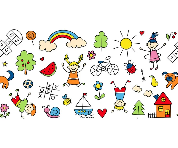 Crianças felizes no parque de verão. Crianças pequenas engraçadas brincam, correm e saltam. Fundo no estilo doodle criança. — Vetor de Stock