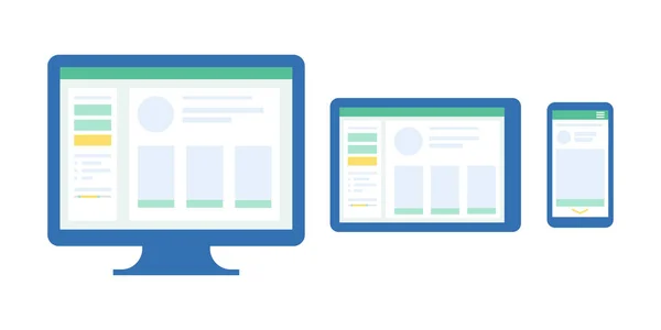 Ordenador, tableta y teléfono. Interfaz para diferentes dispositivos. Desarrollo de sitios web y aplicaciones — Vector de stock