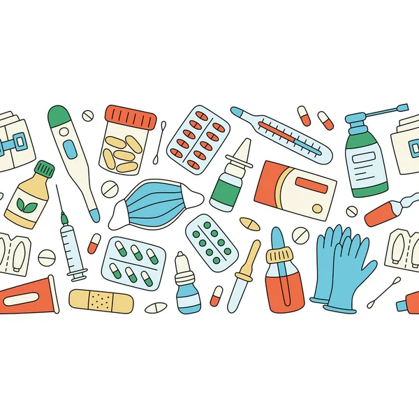 Leki, leki, pigułki, butelki i medyczne elementy opieki zdrowotnej. Wzór bez szwu kolorów — Wektor stockowy