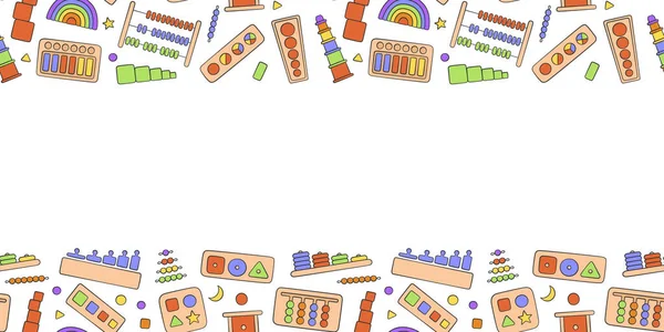 Juguetes infantiles dibujados a mano para juegos Montessori. Juguetes lógicos de educación para niños preescolares. Sistema Montessori para el desarrollo de la primera infancia — Archivo Imágenes Vectoriales