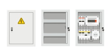 Kapıyı açıp kapatan elektrik şalteri paneli. Sigorta kutusu. Düz biçimde izole edilmiş vektör illüstrasyonu