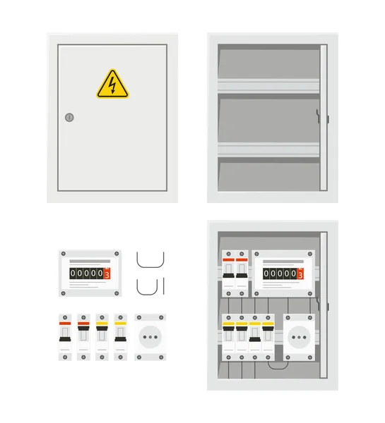 Panel de interruptor de alimentación eléctrica con puerta abierta y cerrada. Caja de fusibles. Ilustración vectorial aislada en estilo plano — Archivo Imágenes Vectoriales