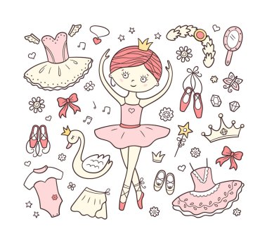 Küçük bir balerin ve bale aksesuarları. El yapımı etek, puanlar, bale elbisesi, kuğu, taç. Karalama biçiminde izole vektör illüstrasyonu