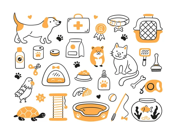 Set dibujado a mano para tienda de mascotas y clínica veterinaria. Mascotas, alimentos, juguetes y accesorios de aseo. Ilustración vectorial — Vector de stock