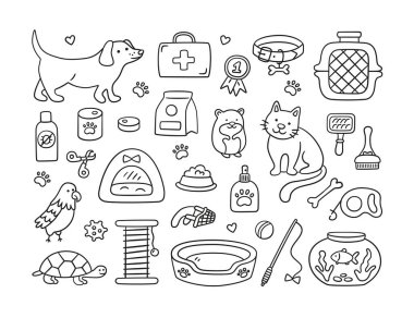 Evcil hayvan dükkanı ve veteriner kliniği için el çizimi. Evcil hayvanlar, yiyecekler, oyuncaklar ve tımar aksesuarları. Vektör illüstrasyonu
