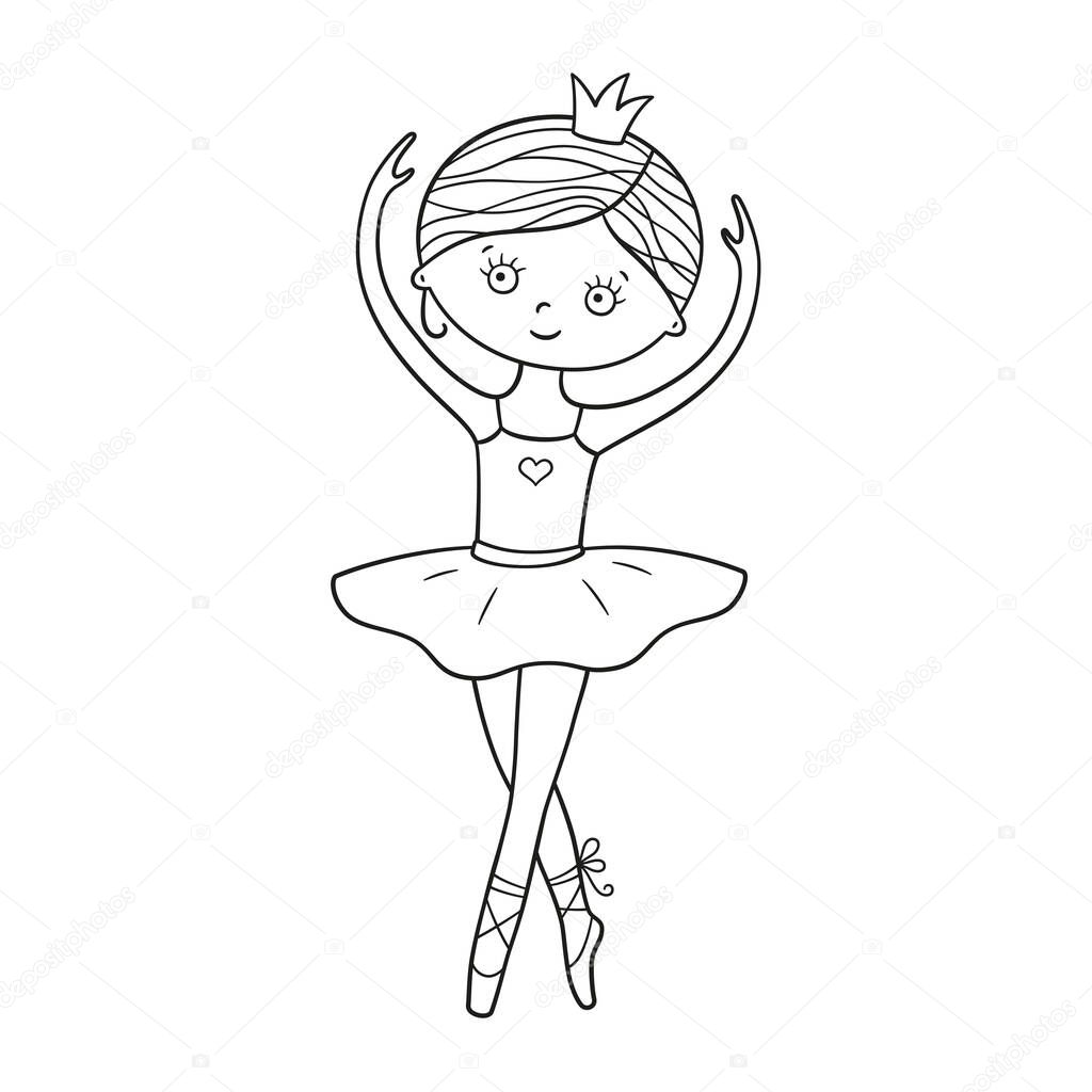 Little cute ballerina in pointe shoes, dress and crown. Isolated vector illustration