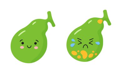 Happy healthy gallbladder and sick sad gallbladder with stones. Characters to illustrate the problem of cholecystitis, gallstone disease. clipart
