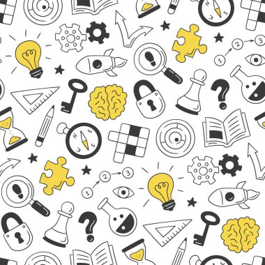 Bulmaca ve bilmeceler. Çapraz bulmaca, labirent, beyin, satranç taşı, ampul, labirent, teçhizat, kilit ve anahtar ile el çizimi kusursuz desen