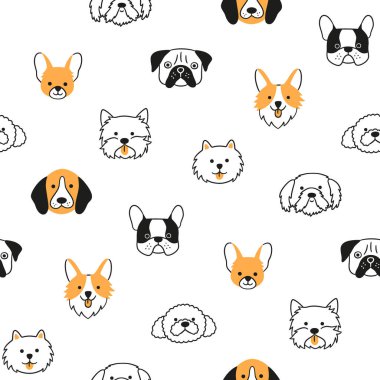 Farklı cinslerden köpekleri olan kusursuz desenler. Corgi, Pug, Chihuahua, Terrier, kaniş ve shih tzu.