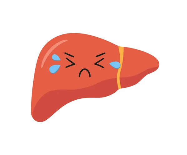 Enfermedad triste fibrosis no saludable carácter hepático. Ilustración vectorial en estilo plano y de dibujos animados — Vector de stock