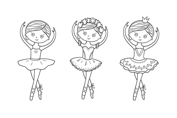 Pequeña bailarina linda en zapatos puntiagudos y vestido. Ilustraciones de vectores de conjuntos aislados en estilo doodle — Vector de stock