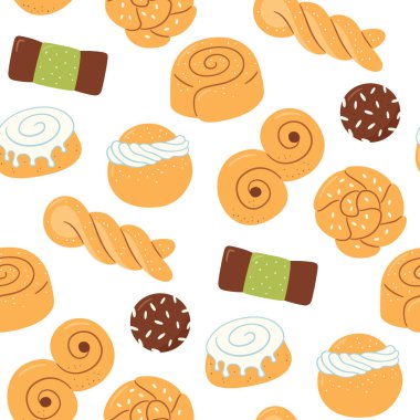 Geleneksel İsveç tatlılarıyla kusursuz desen. Kanelbulle çöreği, tarçınlı çörek, Semla, lussekatt, dammsugare ve chokladboll. El çizimi illüstrasyon