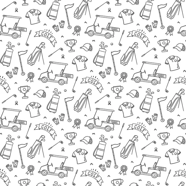 Golf seamless mönster - klubb, boll, flagga, väska och golfvagn i doodle stil. Handritad vektor illustration — Stock vektor