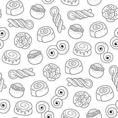 Geleneksel İsveç tatlıları kusursuz desen. Kanelbulle çöreği, tarçınlı çörek, Semla ve lussekatt. El çizimi izole vektör çizimi