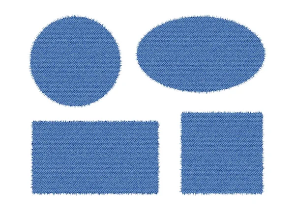 Набор джинсовых форм. Разорванные джинсовые патчи - круг, квадрат, овал и прямоугольник. Векторная реалистичная иллюстрация на белом фоне — стоковый вектор