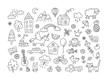 Bir dizi çocuk çizimi. Çocuk karalaması. Bulutlardaki güneş, yaz çiçekleri, boyalı evler, sevimli kedi ve diğer siyah beyaz elementler. Vektör illüstrasyonu