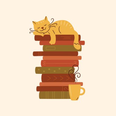 Bir yığın kitap, uyuyan bir kedi ve bir fincan sıcak çay. Kitapların üzerinde uyuyan sevimli kedicik. Beyaz arkaplanda vektör illüstrasyonu