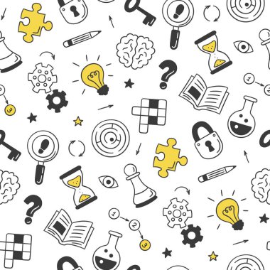 Bulmaca ve bilmeceler. Çapraz bulmaca, labirent, beyin, satranç taşı, ampul, labirent, teçhizat, kilit ve anahtar ile el çizimi kusursuz desen