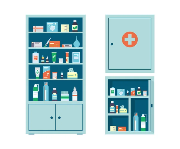 Gyógyszertár szekrény és gyógyszeres szekrény tele gyógyszerekkel, tablettákkal és üvegekkel. Gyógyszertárak polcai. Fém nyitott és zárt orvosi szekrény. Vektor illusztráció lapos stílusban, fehér alapon — Stock Vector