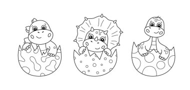 Şirin küçük dinozorlar yumurtadan çıkar. Çocuk boyama kitabı için Dino seti. Bebek triceratops, brontozor, stegosaurus. Çocuk bulmaca oyunu