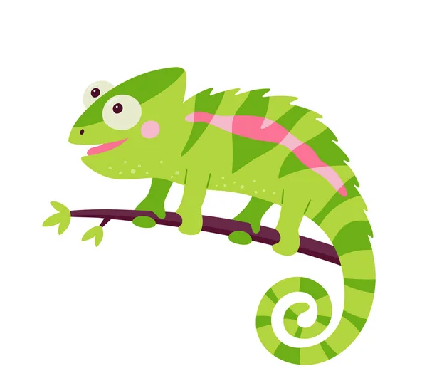 Lustige Chamäleon-Echse-Figur. Grünes Reptil mit gebogenem Schwanz sitzt auf einem Ast des Dschungelbaums. Isolierte Vektordarstellung auf weißem Hintergrund — Stockvektor