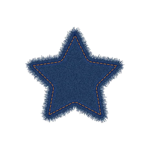 Denim star shape with seam. Torn jean patch with stitches. Vector realistic illustration on white background — Stock Vector