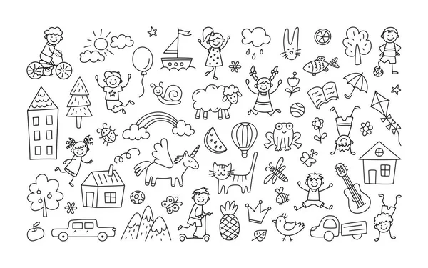 Un conjunto de dibujos para niños. Chico garabato. Sol en las nubes, flores de verano, casas pintadas, gato lindo y otros elementos en blanco y negro. Ilustración vectorial — Archivo Imágenes Vectoriales