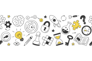 Bulmaca ve bilmeceler. Çapraz bulmaca, labirent, beyin, satranç taşı, ampul, labirent, teçhizat, kilit ve anahtar ile el çizimi yatay desen. Beyaz arkaplanda karalama biçiminde vektör illüstrasyonu