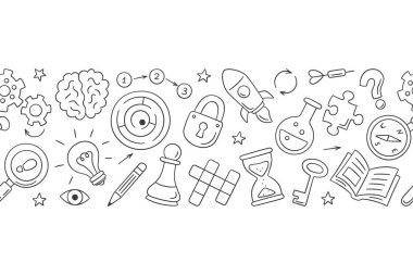 Bulmaca ve bilmeceler. Çapraz bulmaca, labirent, beyin, satranç taşı, ampul, labirent, teçhizat, kilit ve anahtar ile el çizimi yatay desen. Beyaz arkaplanda karalama biçiminde vektör illüstrasyonu