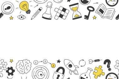 Bulmaca ve bilmeceler. Çapraz bulmaca, labirent, beyin, satranç taşı, ampul, labirent, teçhizat, kilit ve anahtar ile el çizimi yatay desen. Beyaz arkaplanda karalama biçiminde vektör illüstrasyonu