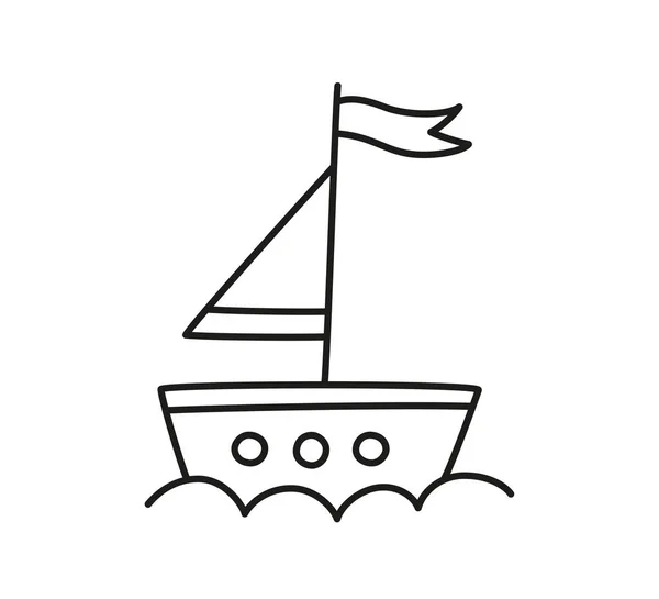 Hand drawn sailing ship on the waves. Doodle boat. Children drawing. Isolated vector illustration in doodle style on white background — Stock Vector