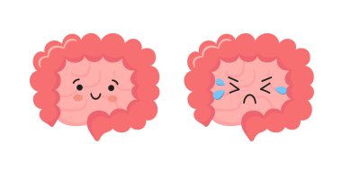 İnce ve kalın bağırsağı olan mutlu kawaii karakteri. Gastrointestinal bölgede insan iç organı. Soyut bağırsaklar. Vektör illüstrasyonu beyaz arkaplanda izole edildi
