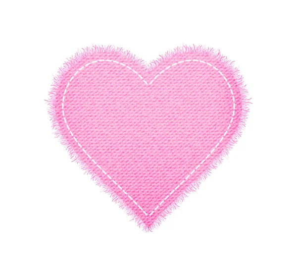 Denim rosa Herzform mit Naht. Zerrissene Jeanshose mit Stichen. Vektor realistische Darstellung auf weißem Hintergrund — Stockvektor