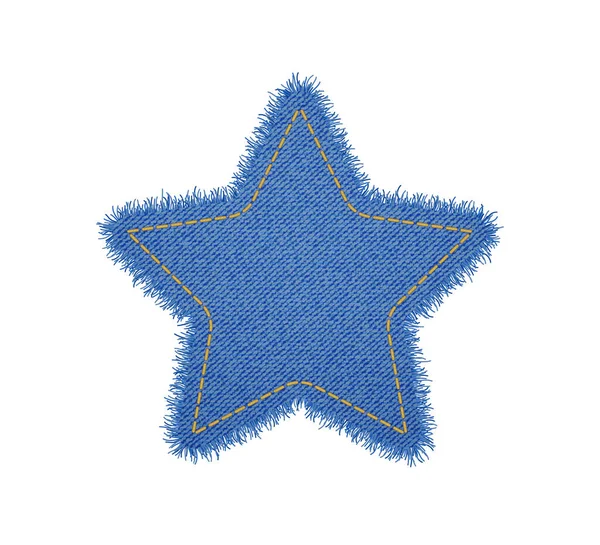 Denim csillag alakú varrás. Elszakadt farmertapasz varratokkal. Vektor reális illusztráció fehér háttér — Stock Vector