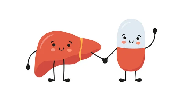 Healthy liver and happy smiling medicine pill characters hold hands. Kawaii medicine capsule and cute liver characters. Help with hepatitis. Vector isolated illustration on white background — Wektor stockowy