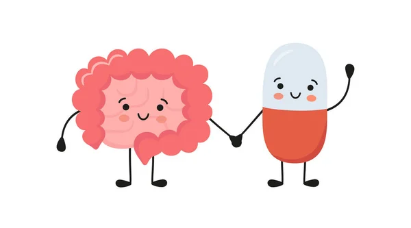 Sağlıklı bağırsak ve mutlu gülümseme hapları karakterleri el ele tutuşur. Kawaii probiyotik kapsülü ve şirin bağırsak karakterleri. Sinirli bağırsak sendromu. Vektör izole illüstrasyonu