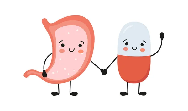 Gezonde maag en vrolijke glimlachende medicijn pil karakters houden elkaars hand vast. Kawaii medicijncapsule en schattige maagtekens. Hulp bij gastritis. Vector geïsoleerde illustratie op witte achtergrond — Stockvector