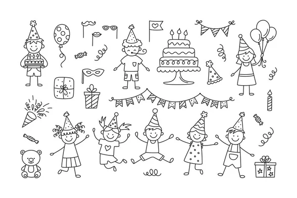 幸せな誕生日のドアのセット。パーティーの装飾、面白い子供たち、ギフトボックス、キャンドル付きのかわいいケーキのスケッチ。子供の絵。白地に描かれた手描きベクトルイラスト — ストックベクタ